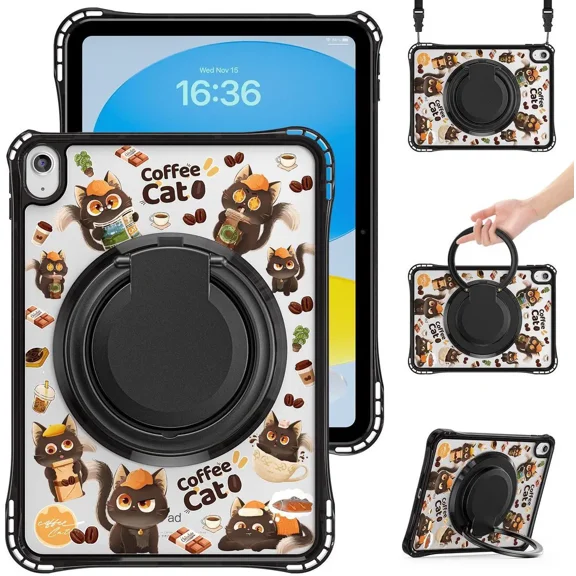 Kids Case for iPad A16 11th Generation 11 inch 2025 / iPad 10th Generation 10.9 inch 2022 with Rotating Kickstand Hand/Shoulder Strap, Cartoon Shockproof Tranparent Back Cover