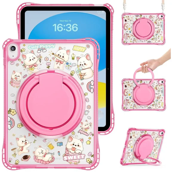 Kids Case for iPad A16 11th Generation 11 inch 2025 / iPad 10th Generation 10.9 inch 2022 with Rotating Kickstand Hand/Shoulder Strap, Cartoon Shockproof Tranparent Back Cover