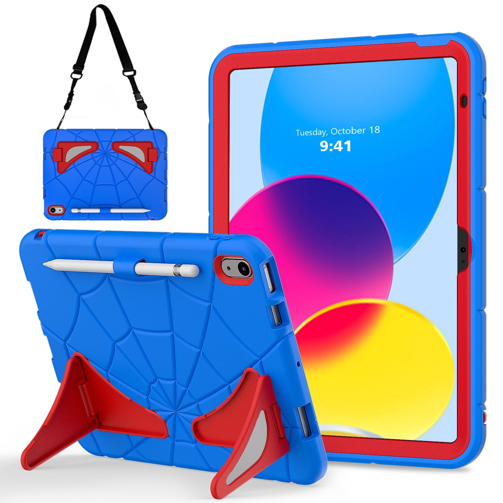 Kids Case for iPad A16 11th Generation 2025 / 10th Gen Case 2022, with Pencil Holder/Kickstand/Shoulder Strap Heavy Duty Protection Rugged Shockproof Hybrid Boy Girl Children Cover, Blue + Red
