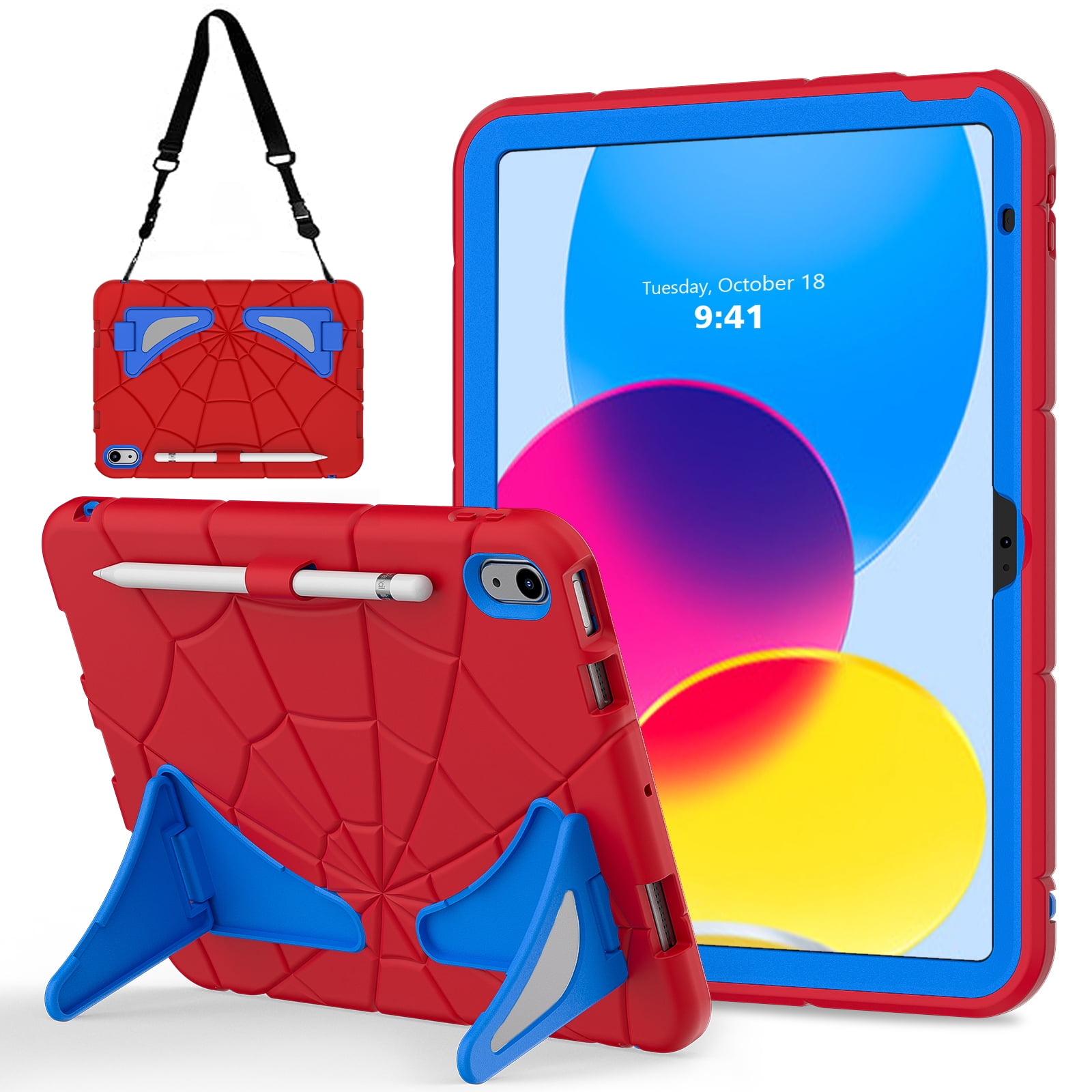 Kids Case for iPad A16 11th Generation 2025 / 10th Gen Case 2022, with Pencil Holder/Kickstand/Shoulder Strap Heavy Duty Protection Rugged Shockproof Hybrid Boy Girl Children Cover, Red + Blue