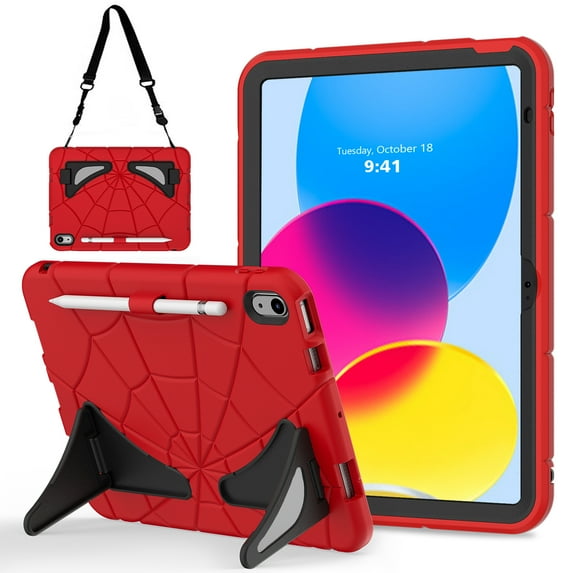 Kids Case for iPad A16 11th Generation 2025 / 10th Gen Case 2022, with Pencil Holder/Kickstand/Shoulder Strap Heavy Duty Protection Rugged Shockproof Hybrid Boy Girl Children Cover, Red + Black