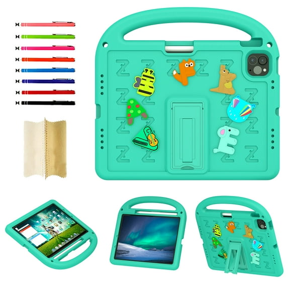 Kids Case for iPad Air 11 inch M2 (2024) & iPad Pro 11 M4 (2024) Shockproof Soft EVA Foam Cover,Pencil Holder/Portable Handle/Foldable Kickstand,Shockproof Silicone Cartoon Case,
Green