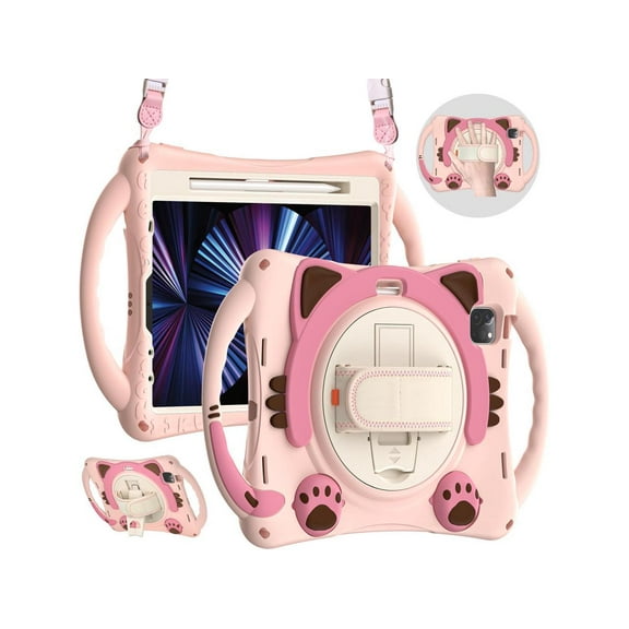 Kids Case for iPad Air 5 / Air 4 10.9 Case 2022 2020, iPad Pro 11 2021 2020 2018, Silicone Shockproof Protective Cover with Pencil Holder Hand Strap Kickstand Shoulder Strap for iPad Air 5th / 4th Gen