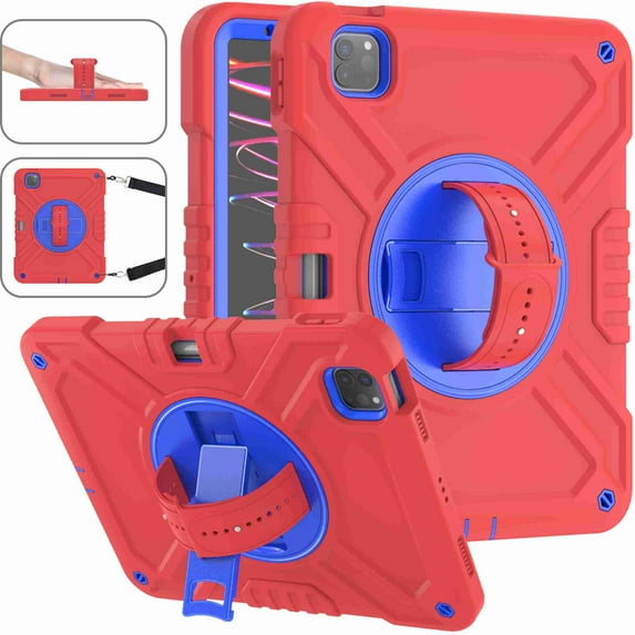 Kids Case for iPad Air 5th/4th, Shockproof Handle Stand Protective Cover for iPad Pro 11 Inch 2022/2021/2020/2018 & iPad Air 5/4 Case 10.9 Inch 2022 2020 with Pencil Holder & Shoulder Strap,Redblue