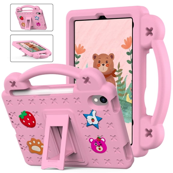 Kids Case for iPad Mini (A17 Pro, 2024 Model, 7th Generation) / Mini 6 (2021 Model, 6th Generation), Kids Friendly Shockproof Cute Design Handle Stand Protective Rugged Tablet Case, Pink