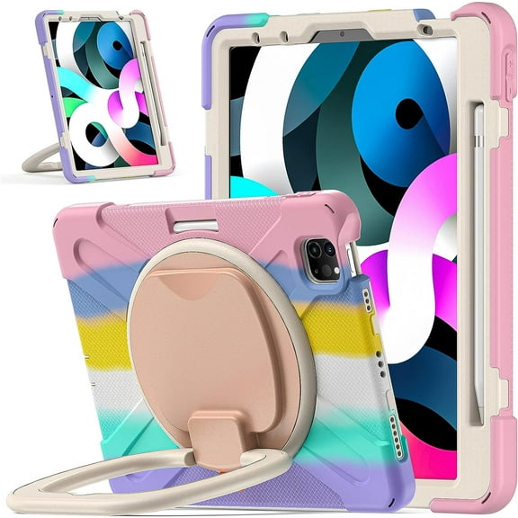 Kids Case for iPad Pro 11 (2021/2020/2018) / iPad Air 4 2020, Arc Color Shockproof Protective Cover with Rotating Bracket Stand for iPad Pro 11 (2021/2020/2018) / iPad Air 4 2020 (Colorful Pink)
