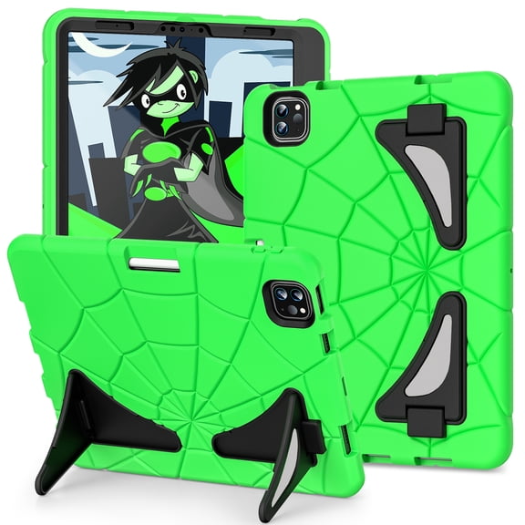 Kids Case for iPad Pro 11 2022/2021/2020/2018/Air 4/Air 5 with Pencil Holder, Lightweight Shockproof Stand Anti-Slip Rugged Silicone PC Case Cover for Boys Girls, Green+Black