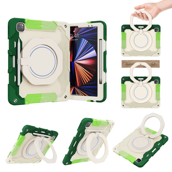 Kids Case for iPad Pro 11" 2022/2021/2020/2018 with Portable Handle Stand, Heavy Duty Cover with Pencil Holder Shockproof Protective Case for iPad Air 5th/4th Gen 10.9" 2022/2020, Rainbowgreen