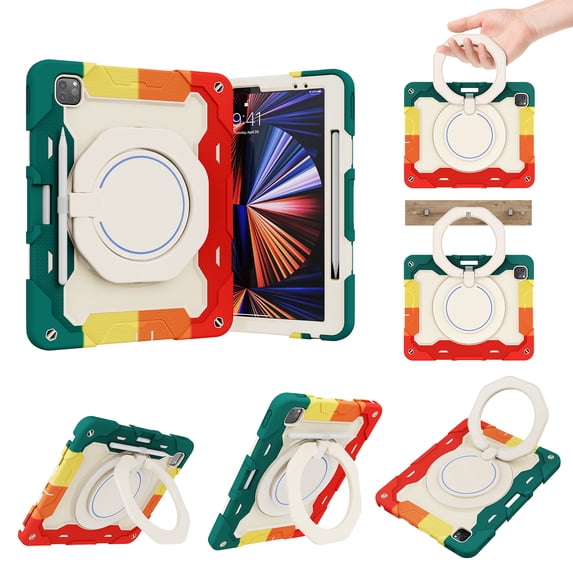 Kids Case for iPad Pro 11" 2022/2021/2020/2018 with Portable Handle Stand, Heavy Duty Cover with Pencil Holder Shockproof Protective Case for iPad Air 5th/4th Gen 10.9" 2022/2020, Rainbowred