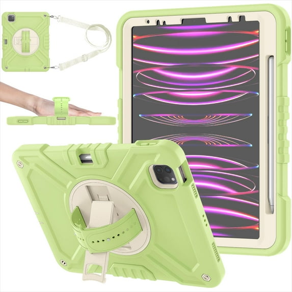 Kids Case for iPad Pro 11 Inch (2022/2021/2020/2018 Model), iPad Air 5/4 (10.9-Inch), Military Grade Shockproof Rugged Protective Cover with Built-in Stand/Pencil Holder Shoulder Strap, Green White