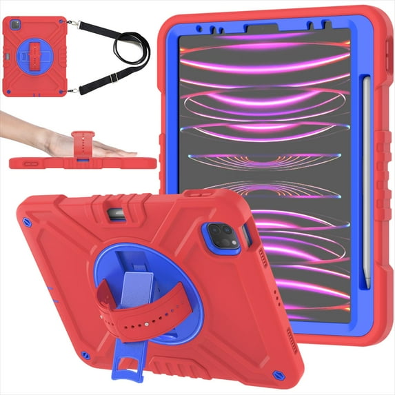 Kids Case for iPad Pro 11 Inch (2022/2021/2020/2018 Model), iPad Air 5/4 (10.9-Inch), Military Grade Shockproof Rugged Protective Cover with Built-in Stand/Pencil Holder Shoulder Strap, Red Blue