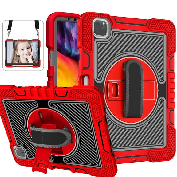 Kids Case for iPad Pro 11 Inch,iPad Air 4 Kids Case,Rugged Heavy Duty Protective Case Rotating Hand Strap Stand Handle Shoulder Strap Cover for iPad Pro 11 & iPad Air 10.9 Inch,Red+Black