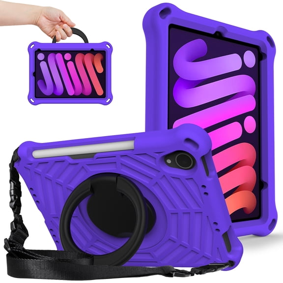 Kids Case for iPad mini 6th Gen 8.3" 2021 with Pencil Holder/Multi-Function Kickstand-Handle/Shoulder Strap, Protection Duty Shockproof Silicone Cover for iPad mini 6th Gen 8.3" 2021,Purple