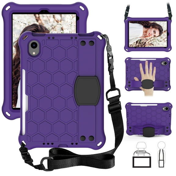Kids Case for iPad mini 7th Generation (A17 Pro) 2024 8.3", EVA Cover with Soft Portable Wristband Shockproof Heavy Duty Protection Durable Encasing,with Shoulder Strap for iPad mini 2024 - Purple