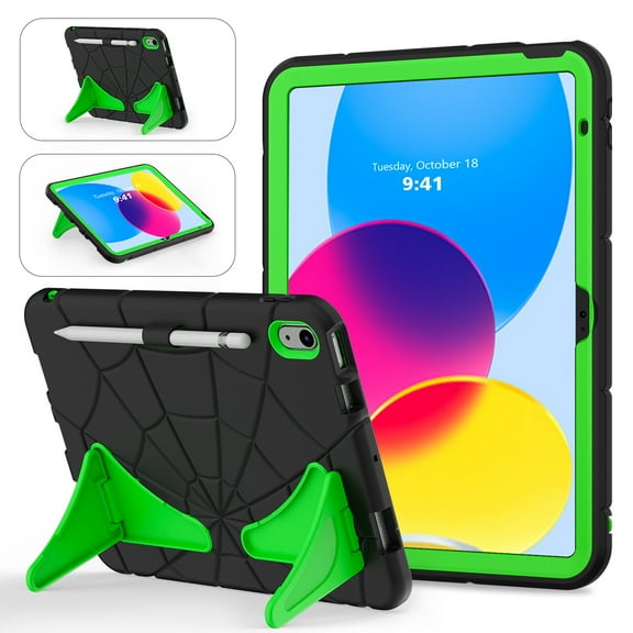 Kids Cases for iPad 10th Generation 2022,TECH CIRCLE Heavy Duty Shockproof Rugged Full Body Protective Sturdy Kickstands iPad 10.9 inch case with Pencil Holder for Kids Children Boys,Black+Green