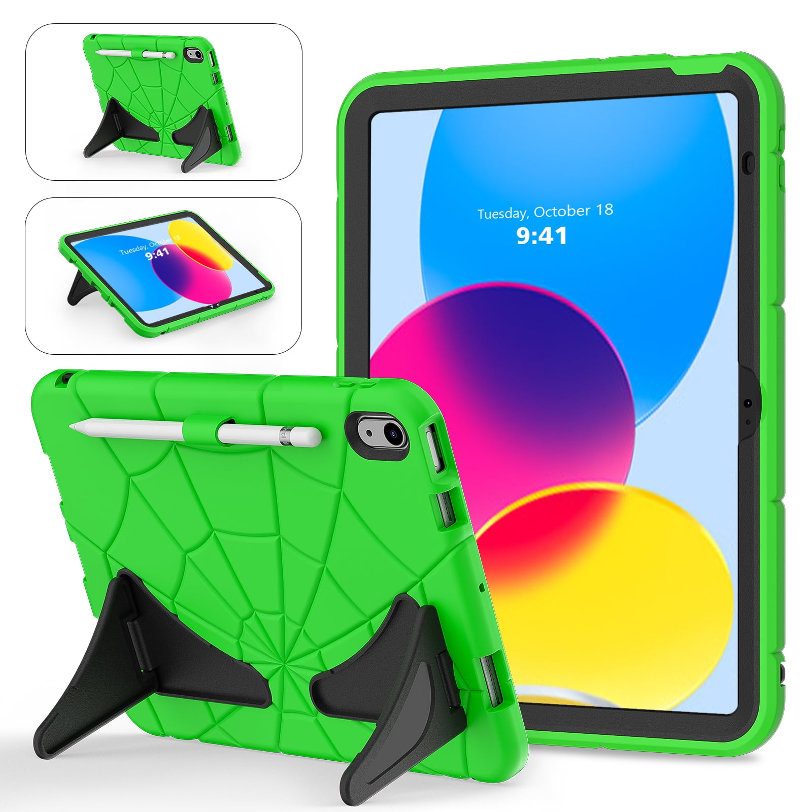 Kids Cases for iPad 10th Generation 2022,TECH CIRCLE Heavy Duty Shockproof Rugged Full Body Protective Sturdy Kickstands iPad 10.9 inch case with Pencil Holder for Kids Children Boys,Green+Black