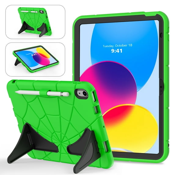 Kids Cases for iPad 10th Generation 2022,TECH CIRCLE Heavy Duty Shockproof Rugged Full Body Protective Sturdy Kickstands iPad 10.9 inch case with Pencil Holder for Kids Children Boys,Green+Black