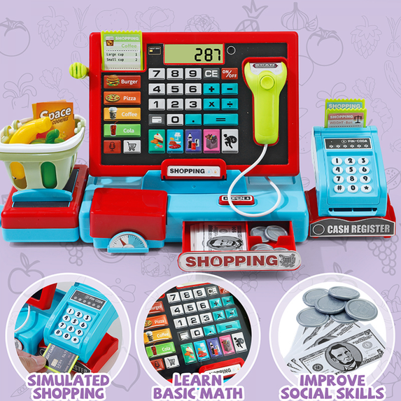Kids Cash Register with Fake Money & Scanner, Pretend Play Store for Girls 3 4 5 Years Educational Toy Birthday Gifts(Red)