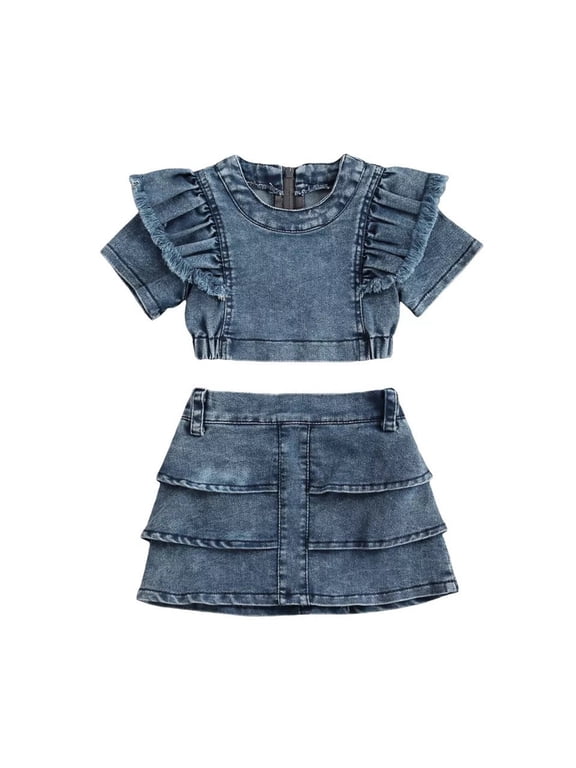 Kids Casual Denim 2-Piece Outfit, Girls Short Sleeve Ruffle Top & Tiered Denim Skirt for Daily Wear