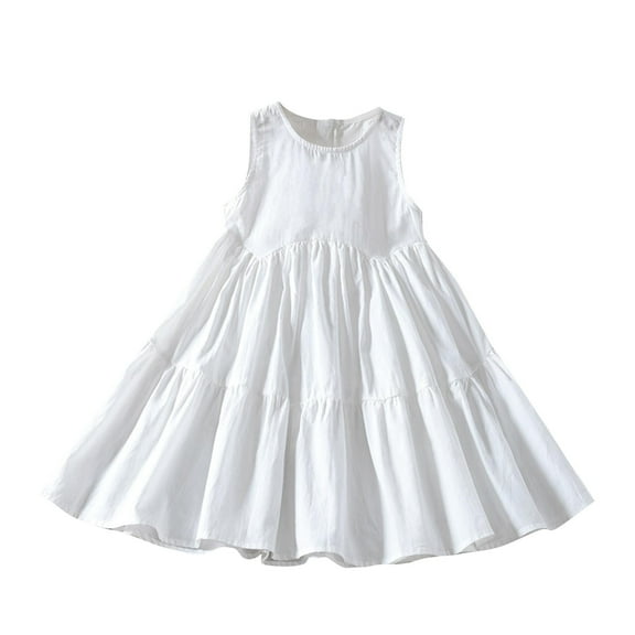 Kids Casual Dress Kids Girls Short Sleeve Dress Toddler Casual Dresses Summer Solid Color Cotton Flowy Sundress Puff Sleeve Cotton Dress for Kids White 7Y