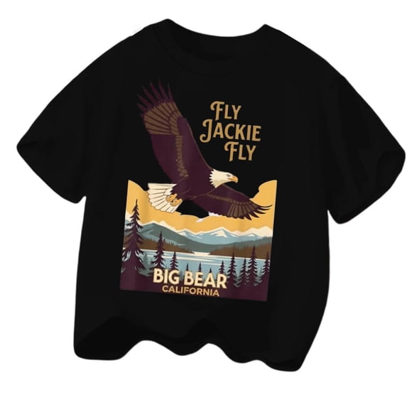 Kids Casual Graphic Short Sleeve T‑Shirt Eagle Mountain Landscape Print Crew Neck Tee Soft Breathable Everyday Top for Boys Girls Casual Daily Wear(Black,3-4 Years)