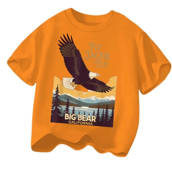 Kids Casual Graphic Short Sleeve T‑Shirt Eagle Mountain Landscape Print Crew Neck Tee Soft Breathable Everyday Top for Boys Girls Casual Daily Wear(Orange,4-5 Years)