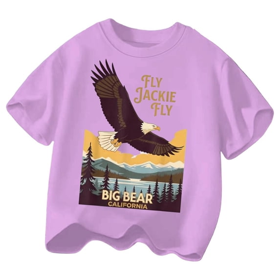 Kids Casual Graphic Short Sleeve T‑Shirt Eagle Mountain Landscape Print Crew Neck Tee Soft Breathable Everyday Top for Boys Girls Casual Daily Wear(Purple,12-13 Years)