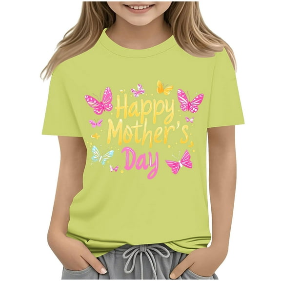 Kids Casual Graphic Tees Girls Cute T-Shirts Letter Crew Neck Cotton Short Sleeve Tshirts Festival Mothers Day Outfits Green, 11-12 Years