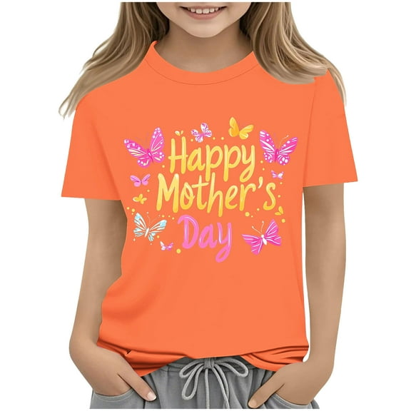 Kids Casual Graphic Tees Girls Cute T-Shirts Letter Crew Neck Cotton Short Sleeve Tshirts Festival Mothers Day Outfits Orange, 4-5 Years