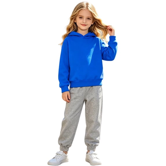 Kids Casual Hoodie and Sweatpants Outfit Solid Color Long Sleeve Hooded Pullover Sweatsuits Jogger Sets for Girls