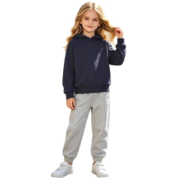 Kids Casual Hoodie and Sweatpants Outfit Solid Color Long Sleeve Hooded Pullover Sweatsuits Jogger Sets for Girls