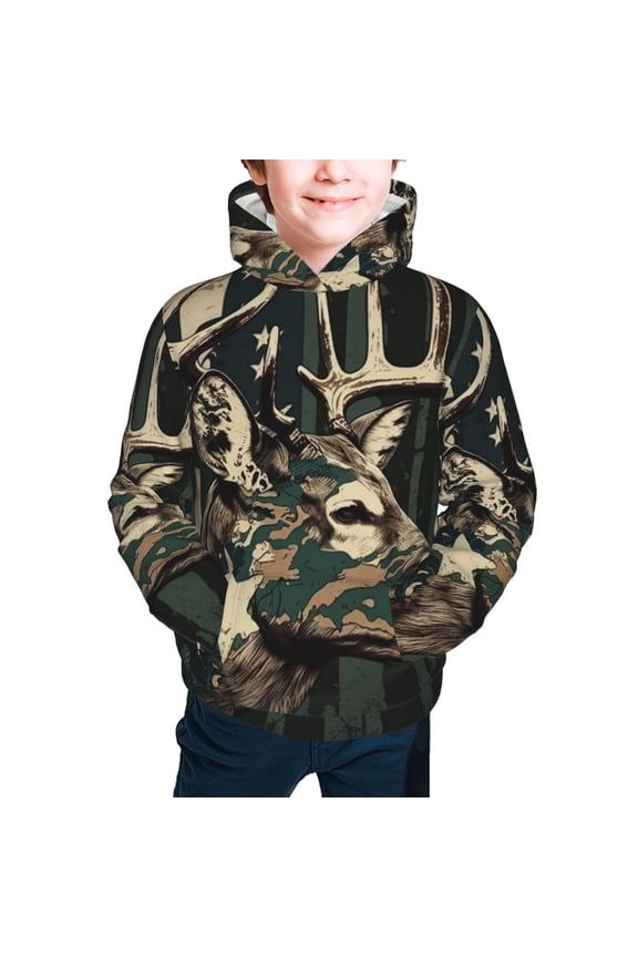 Kids Casual Hoodie for Children Hooded Sweatshirts, Deer Camo American Flag Camouflage