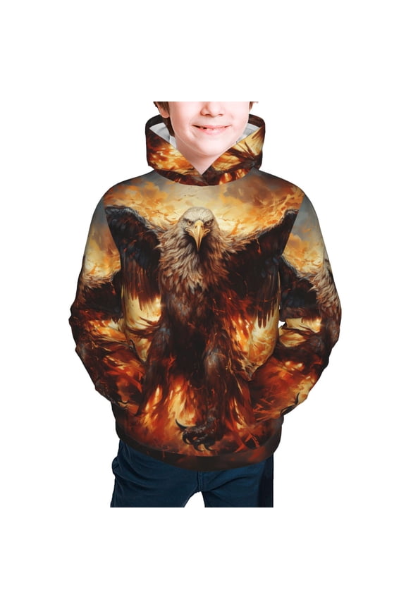 Kids Casual Hoodie for Children Hooded Sweatshirts, Flaming Fire Eagle Art