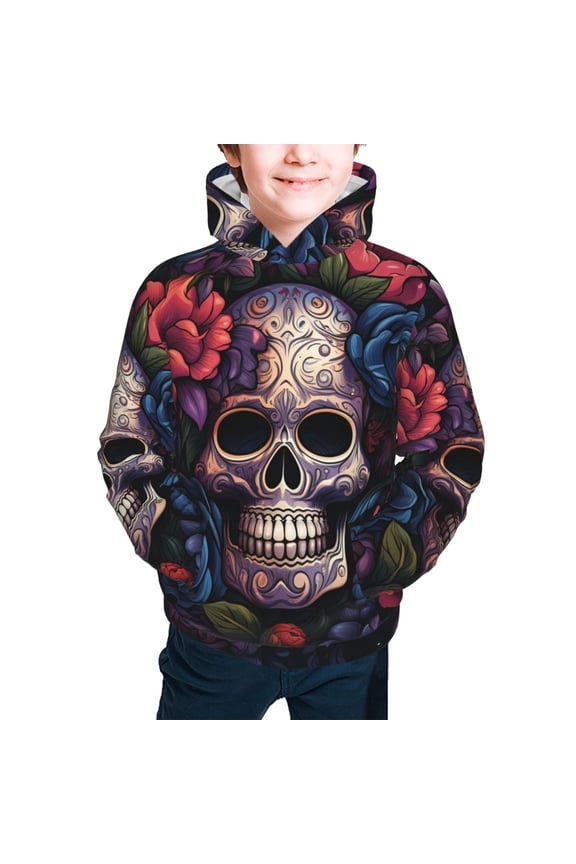 Kids Casual Hoodie for Children Hooded Sweatshirts, Gothic Skull Day Of The Dead Art