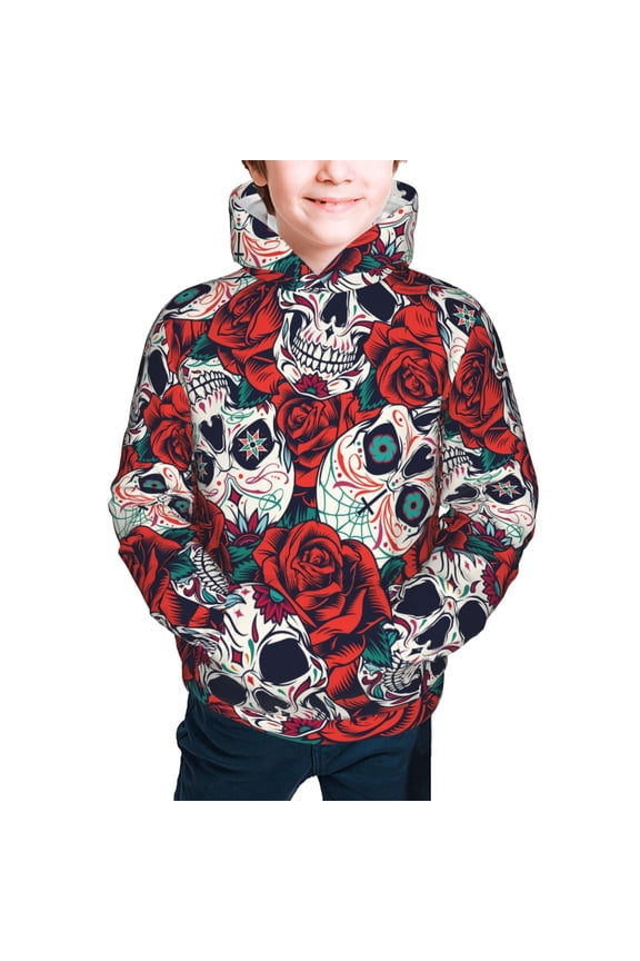 Kids Casual Hoodie for Children Hooded Sweatshirts, Red Rose Skull Skulls Head