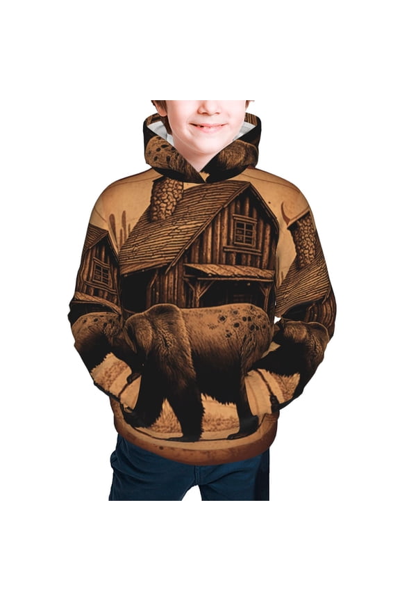 Kids Casual Hoodie for Children Hooded Sweatshirts, Rustic Lodge Cabin Bear Southwestern Vintage