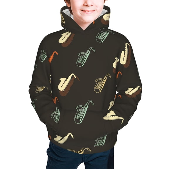 Kids Casual Hoodie for Children Hooded Sweatshirts, Saxophone Music Instrument Vintage