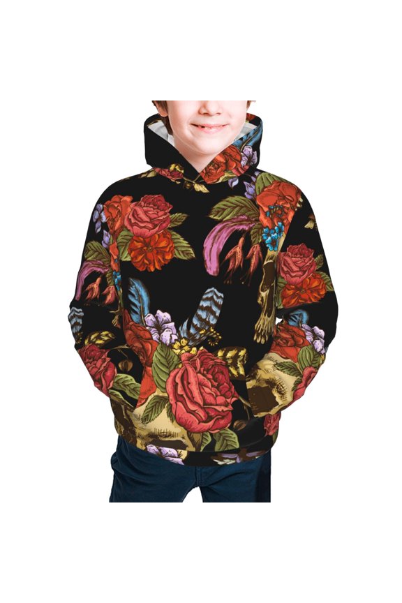 Kids Casual Hoodie for Children Hooded Sweatshirts, Watercolor Skull Flowers Day Dead