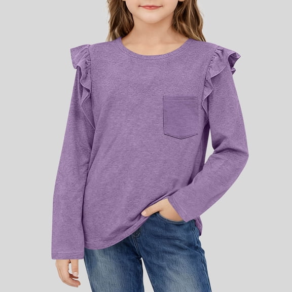 Kids Casual Long Sleeve Shirt, Purple Cute Ruffle Top for Girls with Pocket, Soft Stretchy Crewneck Tee for School,Size 12-13 T