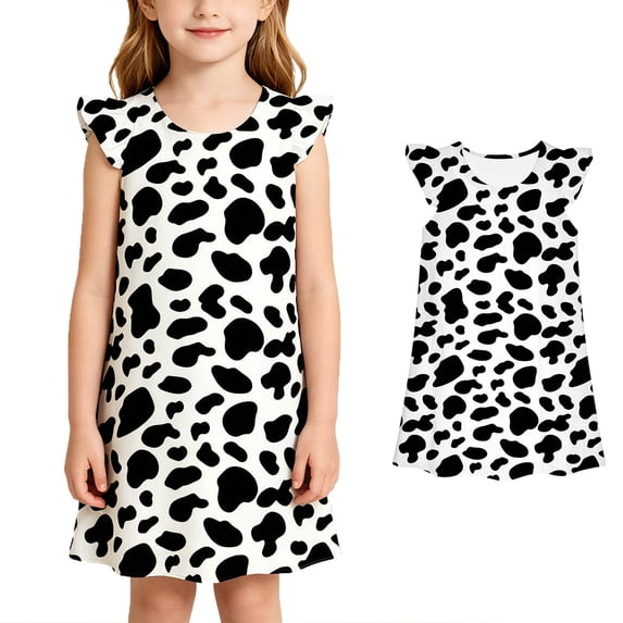 Kids Casual Ruffled Sleeve Cow Print A-Line Dresses Halloween Cow Halloween Party Clothes Halloween Girls Outfit Size 3-10 Years
