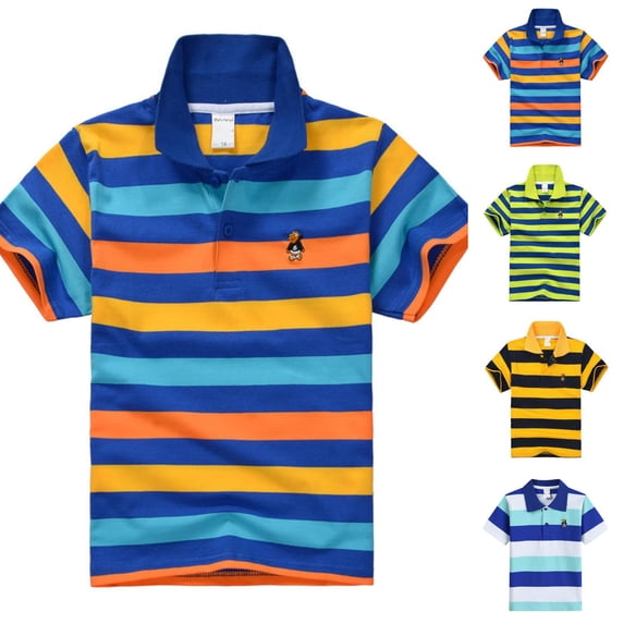 Kids Casual Shirt Boys Short Sleeve Striped Top Colorful Button Down Tops for School Uniform Daily Wear 5-14 Years Blue 140