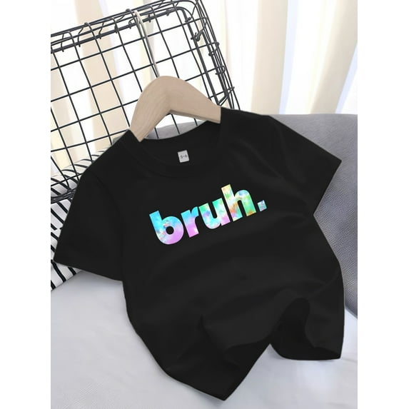Kids' Casual Short-Sleeve T-Shirt with "Bruh" Print, Cotton Crew Neck Top for Girls, Stretch Fabric, Summer Cozy Tee (100% Cotton) – Fits Ages 12 & Under Girls Short-Sleeve T-Shirts Girls summer clot