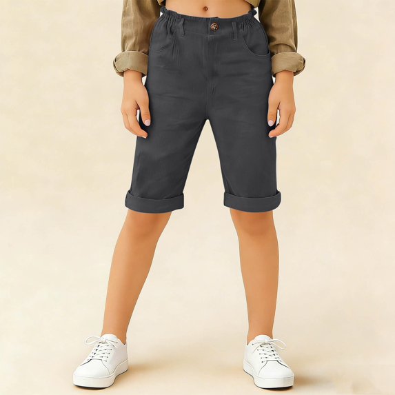Kids Casual Solid Color Knee-Length Shorts, Elastic Waist Rolled Hem Bermuda Pants for Everyday Wear and Holiday Trips Dark Gray 170