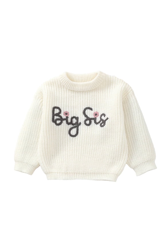Kids Casual Sweater Big Sis Letter Print Pattern Knit Crew Neck Spring Fall New Sweater White 9 M-12 M