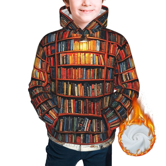 Kids Casual Warm Hoodie for Children Thickened Hooded Sweatshirts, Bookshelf Library Patterns Art