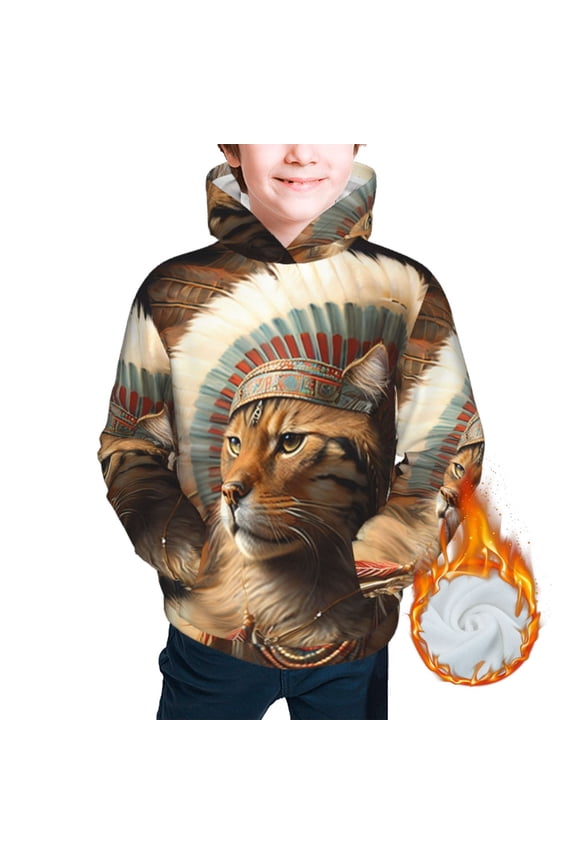Kids Casual Warm Hoodie for Children Thickened Hooded Sweatshirts, Chief Cat Native American Indians
