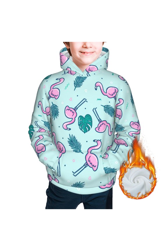 Kids Casual Warm Hoodie for Children Thickened Hooded Sweatshirts, Colorful Flamingo Tropical Leaf
