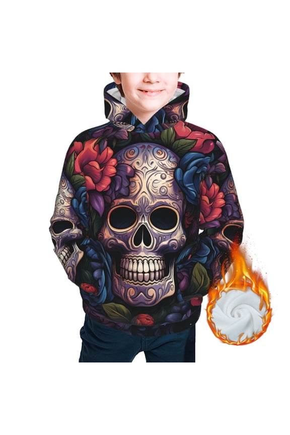 Kids Casual Warm Hoodie for Children Thickened Hooded Sweatshirts, Gothic Skull Day Of The Dead Art
