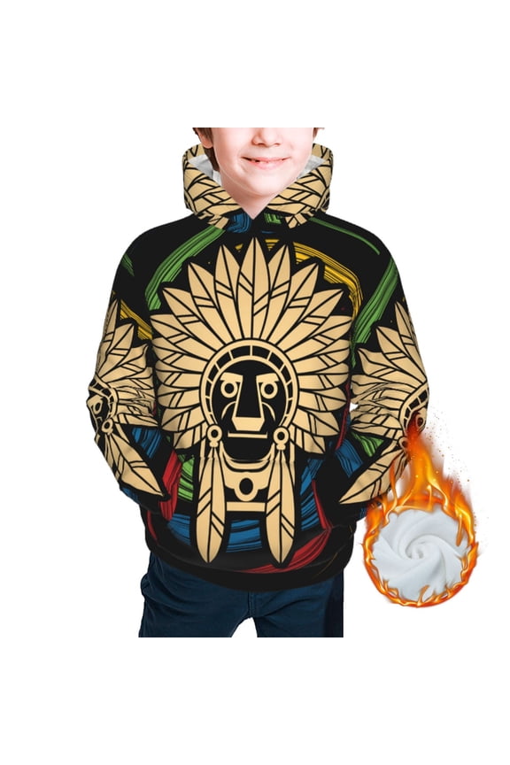 Kids Casual Warm Hoodie for Children Thickened Hooded Sweatshirts, Native American Indian Chief Head Face