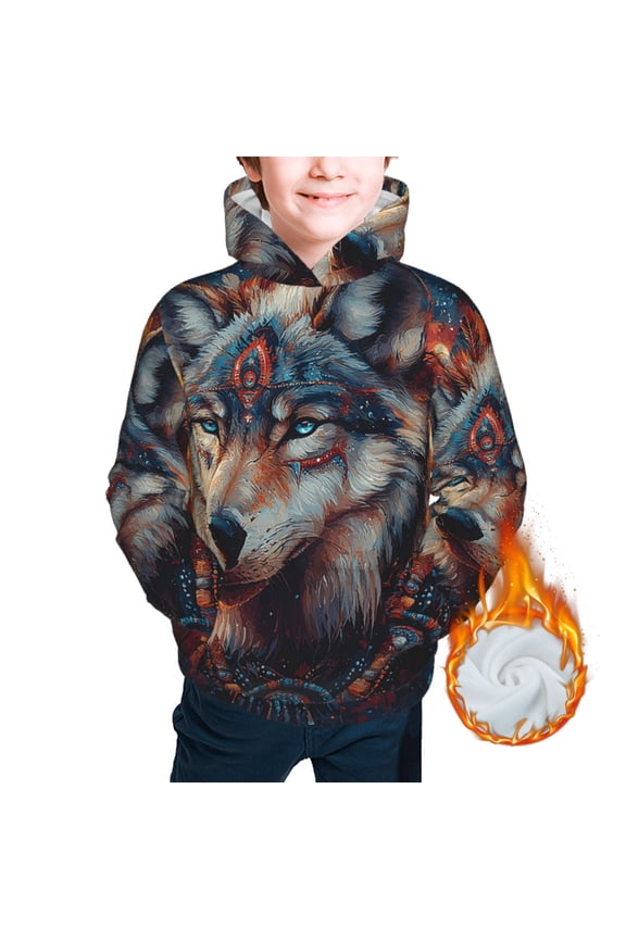 Kids Casual Warm Hoodie for Children Thickened Hooded Sweatshirts, Native American Wolf Spirit Abstract